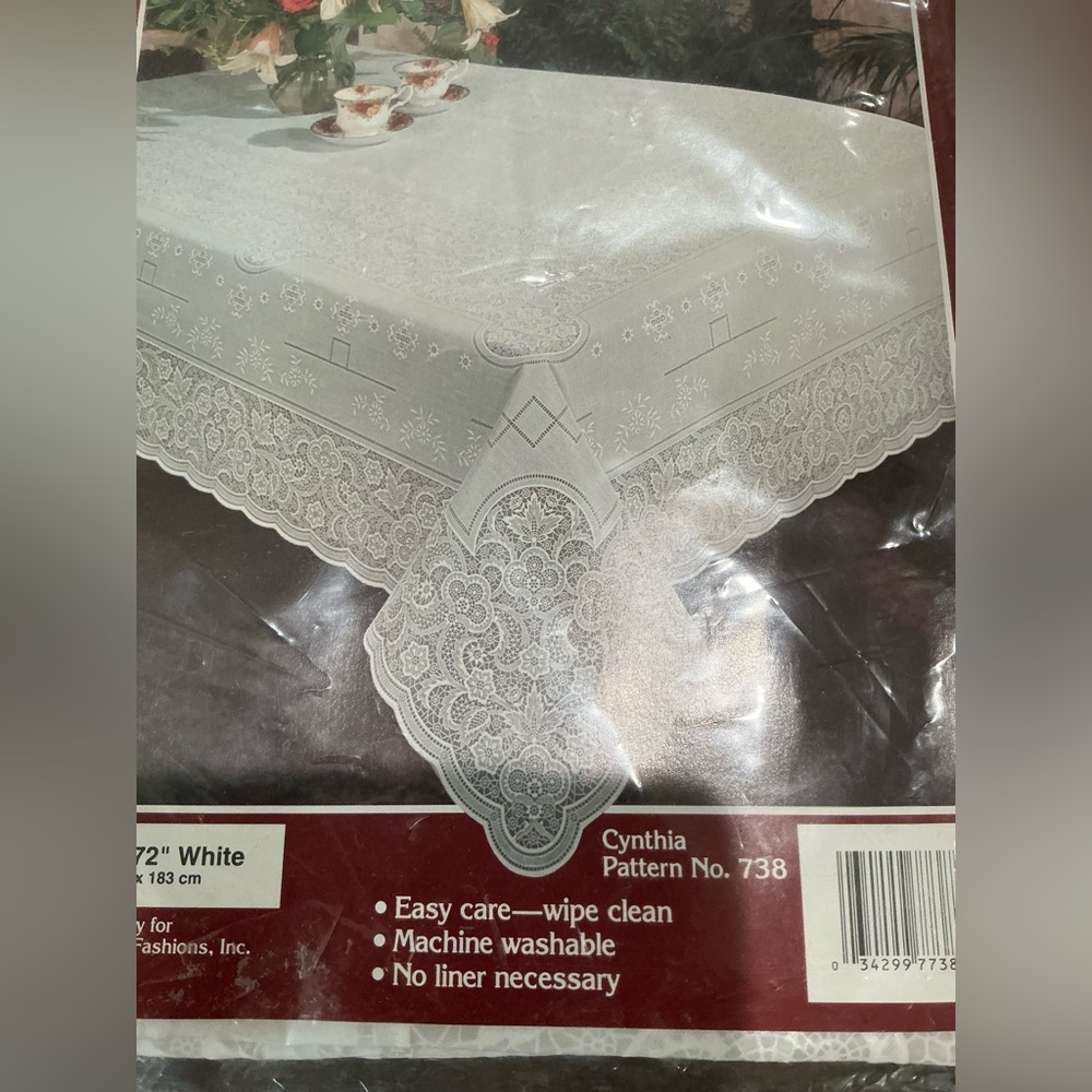 Vinyl Lace Tablecloth. NIP. White. Rectangle 54” x 72” “Cynthia” Pattern. VTG